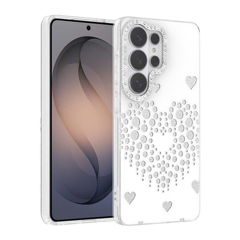 Samsung Galaxy S26 Ultra Uyumlu Kalpli Işıltılı Damla Taşlı Şeffaf Kenarlı Rivas Sert PC Koruyucu Telefon Kılıf