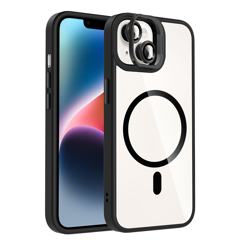 iPhone 14 Kılıf Standlı ve Kamera Lens Hediyeli Kablosuz Şarj Özellikli Etro Kapak Siyah