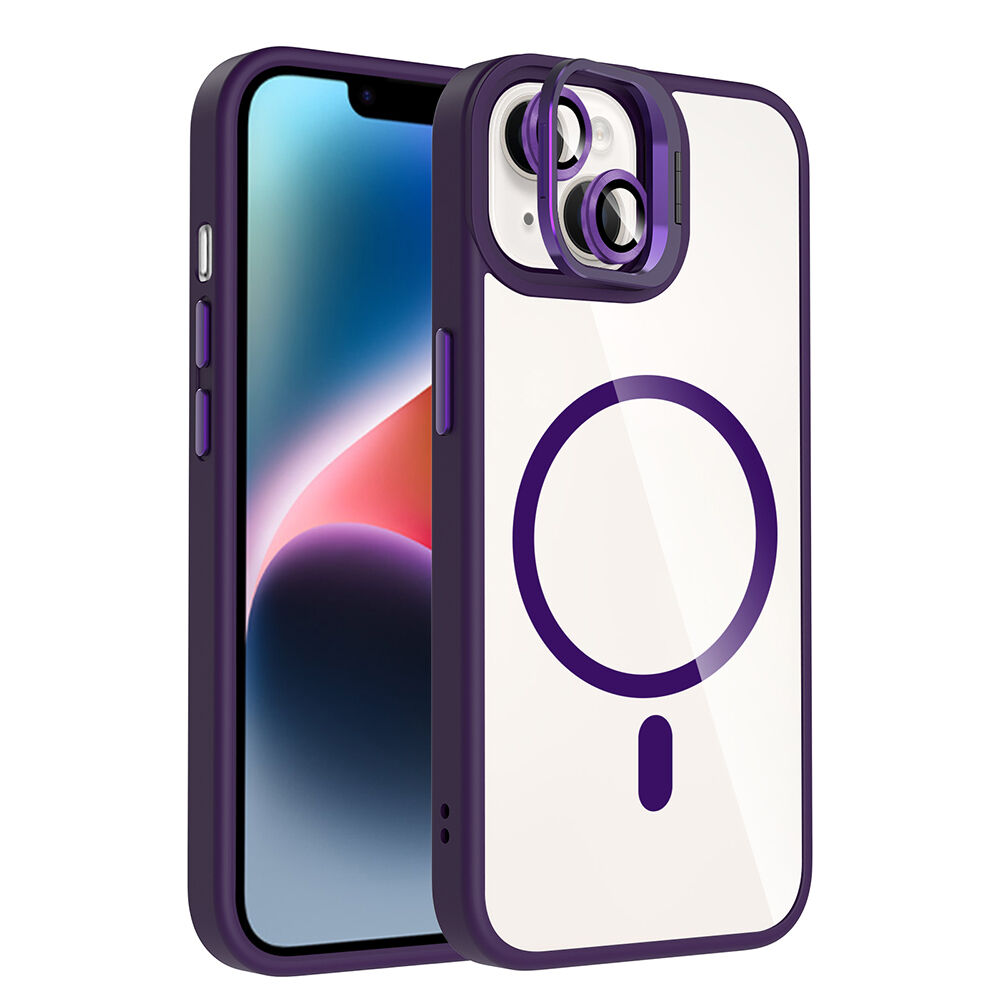 iPhone 14 Kılıf Standlı ve Kamera Lens Hediyeli Kablosuz Şarj Özellikli Etro Kapak Derin Mor