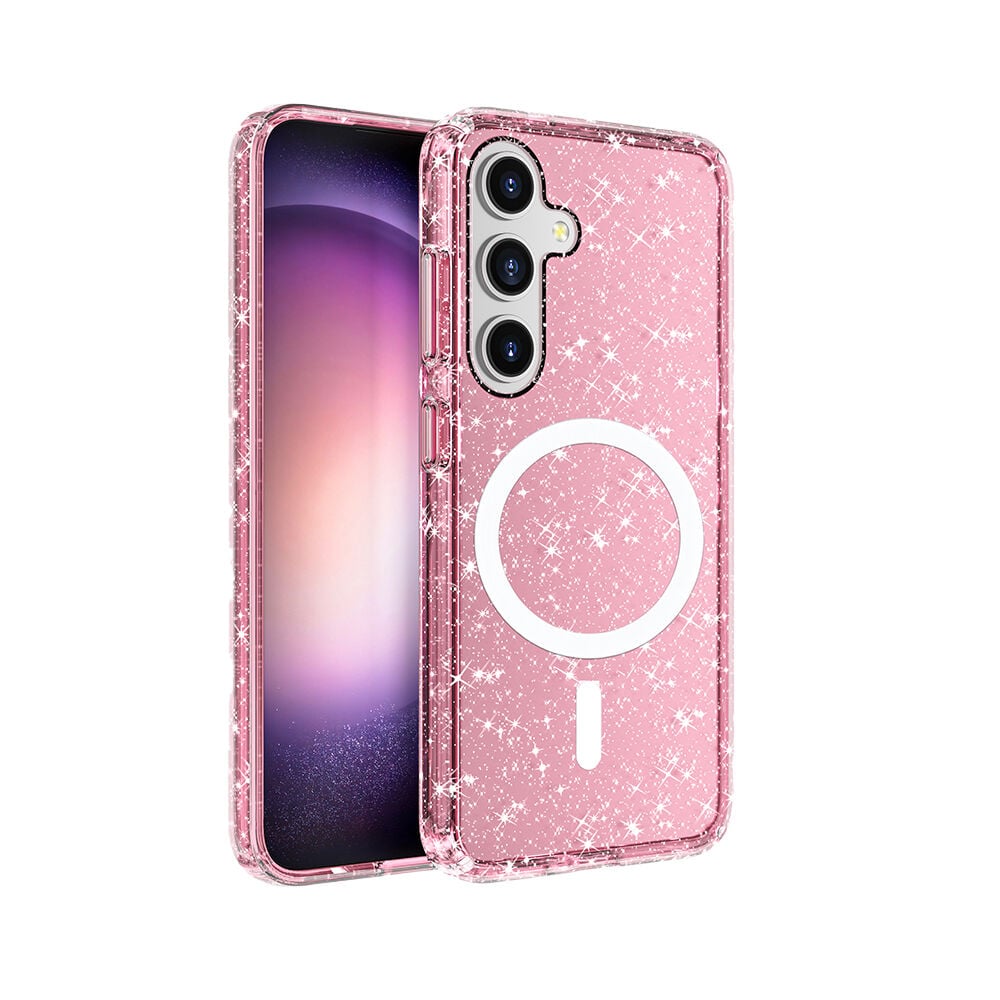 Samsung Galaxy S25 Plus Kılıf Magsafe Şarj Özellikli Parlayan Simli Saydam Renkli Allstar Kapak Pembe