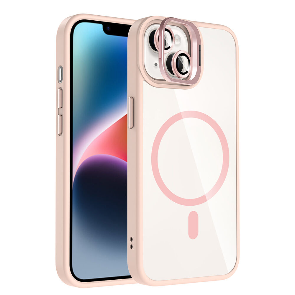 iPhone 14 Kılıf Standlı ve Kamera Lens Hediyeli Kablosuz Şarj Özellikli Etro Kapak Pembe