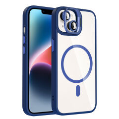 iPhone 14 Kılıf Standlı ve Kamera Lens Hediyeli Kablosuz Şarj Özellikli Etro Kapak Lacivert
