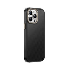 iPhone 15 Pro Max Kılıf Kablosuz Şarj Özellikli Karbon Fiber Görünümlü Antina Kapak Gri