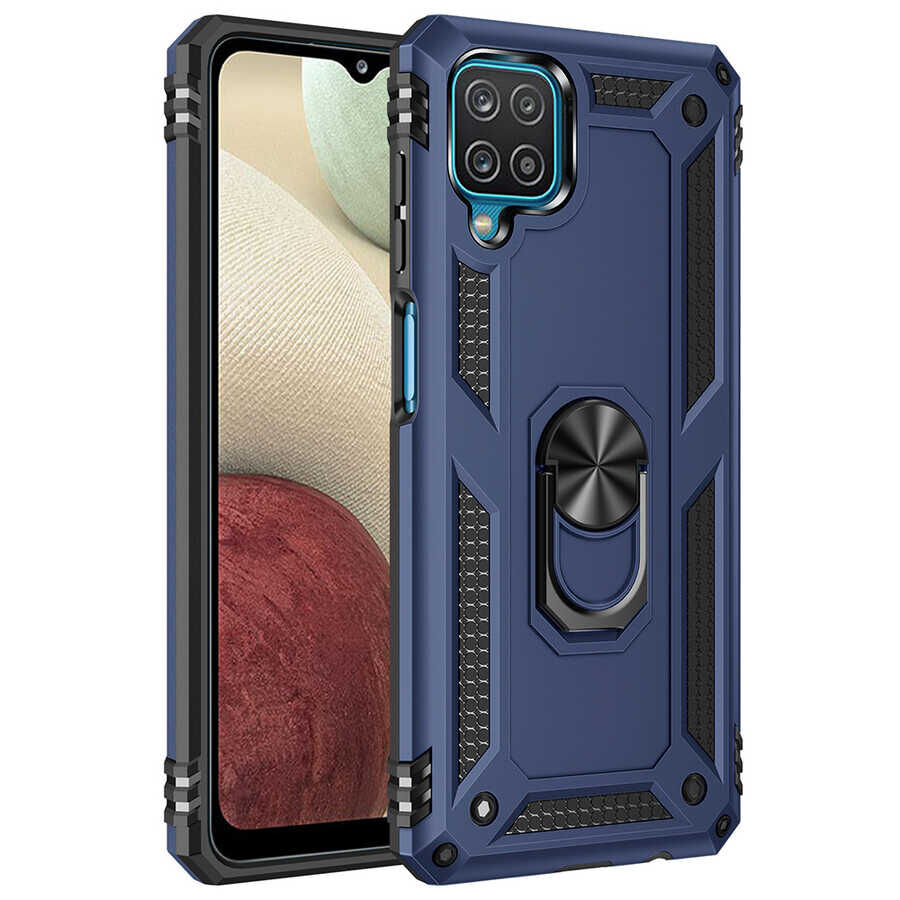 Samsung Galaxy M32 Kılıf Vega Tank Sert Yüzüklü Standlı Zırh Koruma Kapak Mavi