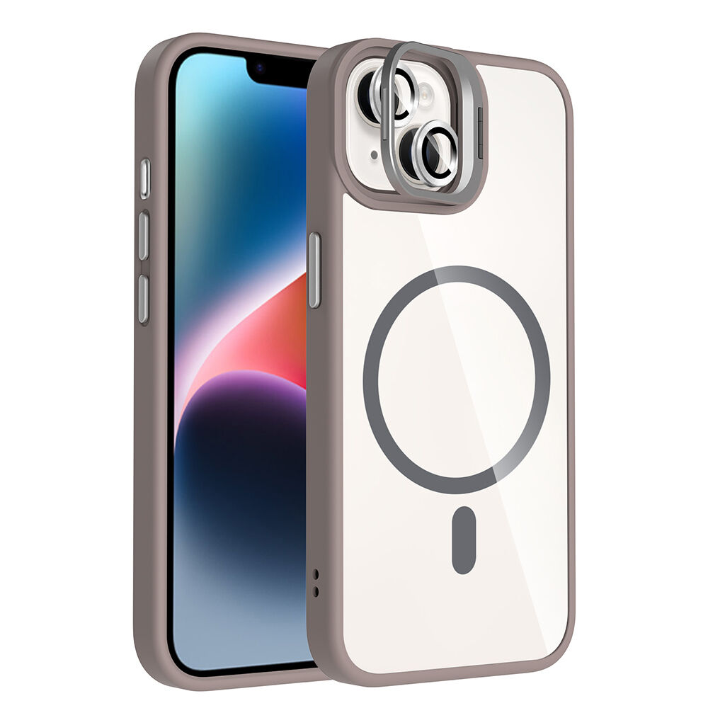 iPhone 14 Kılıf Standlı ve Kamera Lens Hediyeli Kablosuz Şarj Özellikli Etro Kapak Gri