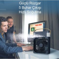 Type-C Girişli Masaüstü Mini Klima Gece Lambalı Buharlı Hava Soğutucu Vantilatör 3 Kademeli Taşinabilir Soğutucu 600 Ml Siyah