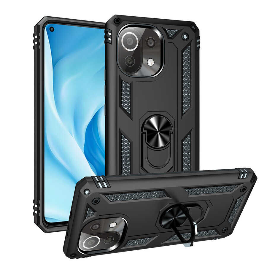 Xiaomi Mi 11 Lite Kılıf Vega Tank Sert Yüzüklü Standlı Zırh Koruma Kapak Siyah