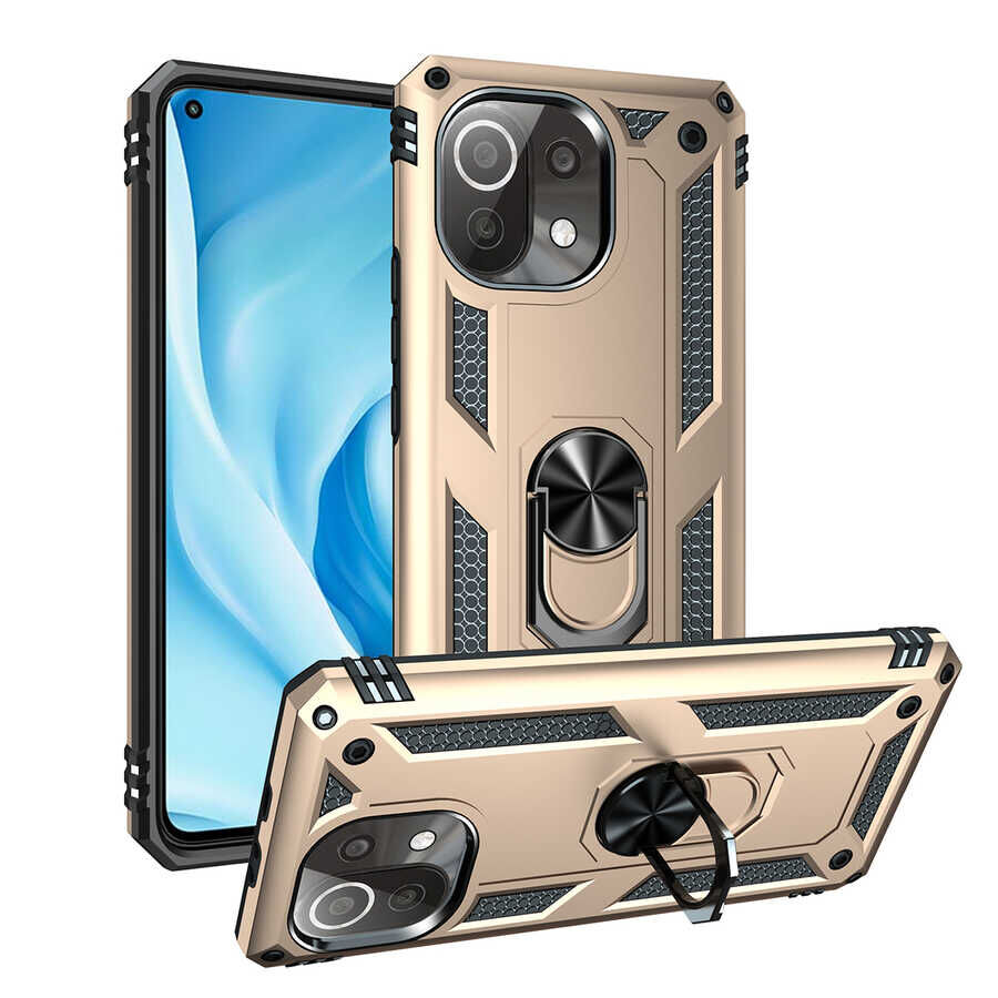 Xiaomi Mi 11 Lite Kılıf Vega Tank Sert Yüzüklü Standlı Zırh Koruma Kapak Gold