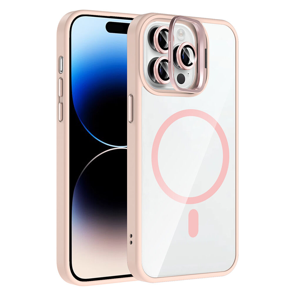 iPhone 14 Pro Max Kılıf Standlı ve Kamera Lens Hediyeli Kablosuz Şarj Özellikli Etro Kapak Pembe