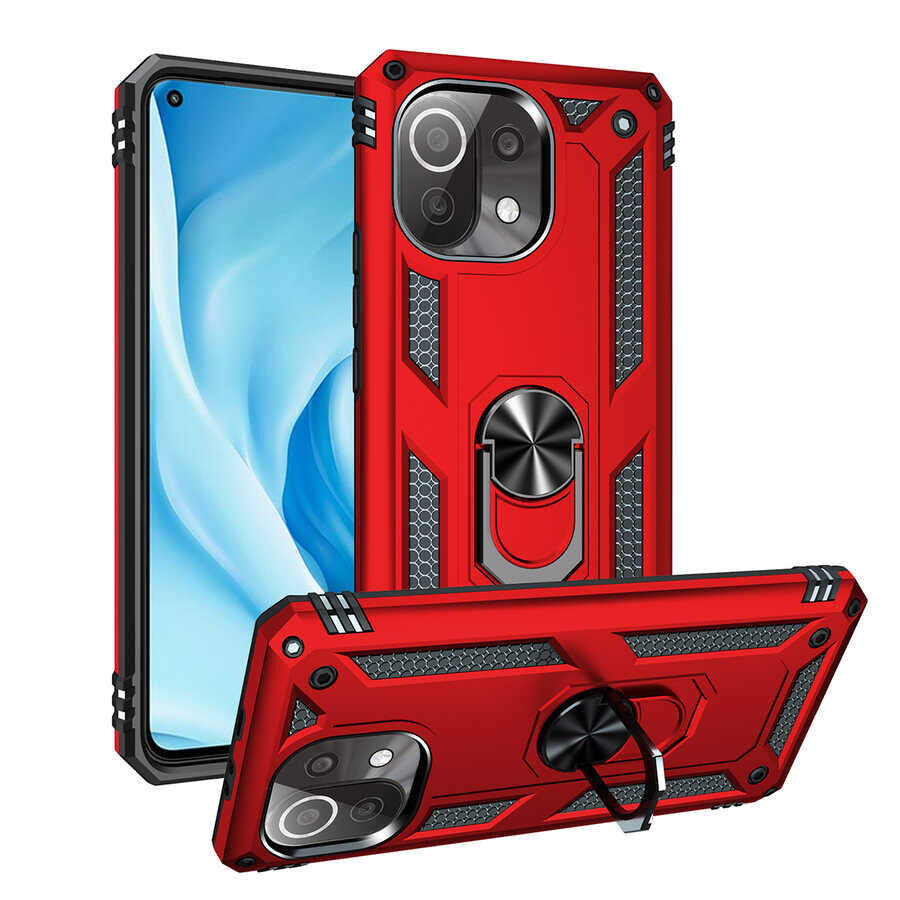 Xiaomi Mi 11 Lite Kılıf Vega Tank Sert Yüzüklü Standlı Zırh Koruma Kapak Kırmızı