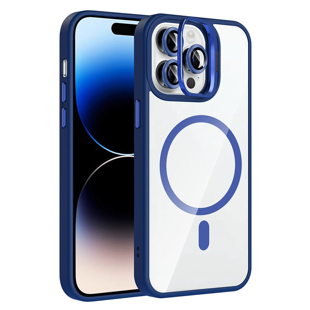 iPhone 14 Pro Max Kılıf Standlı ve Kamera Lens Hediyeli Kablosuz Şarj Özellikli Etro Kapak Lacivert