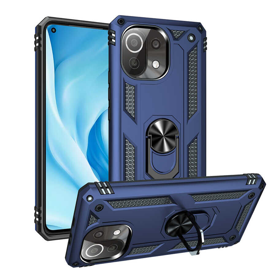 Xiaomi Mi 11 Lite Kılıf Vega Tank Sert Yüzüklü Standlı Zırh Koruma Kapak Mavi