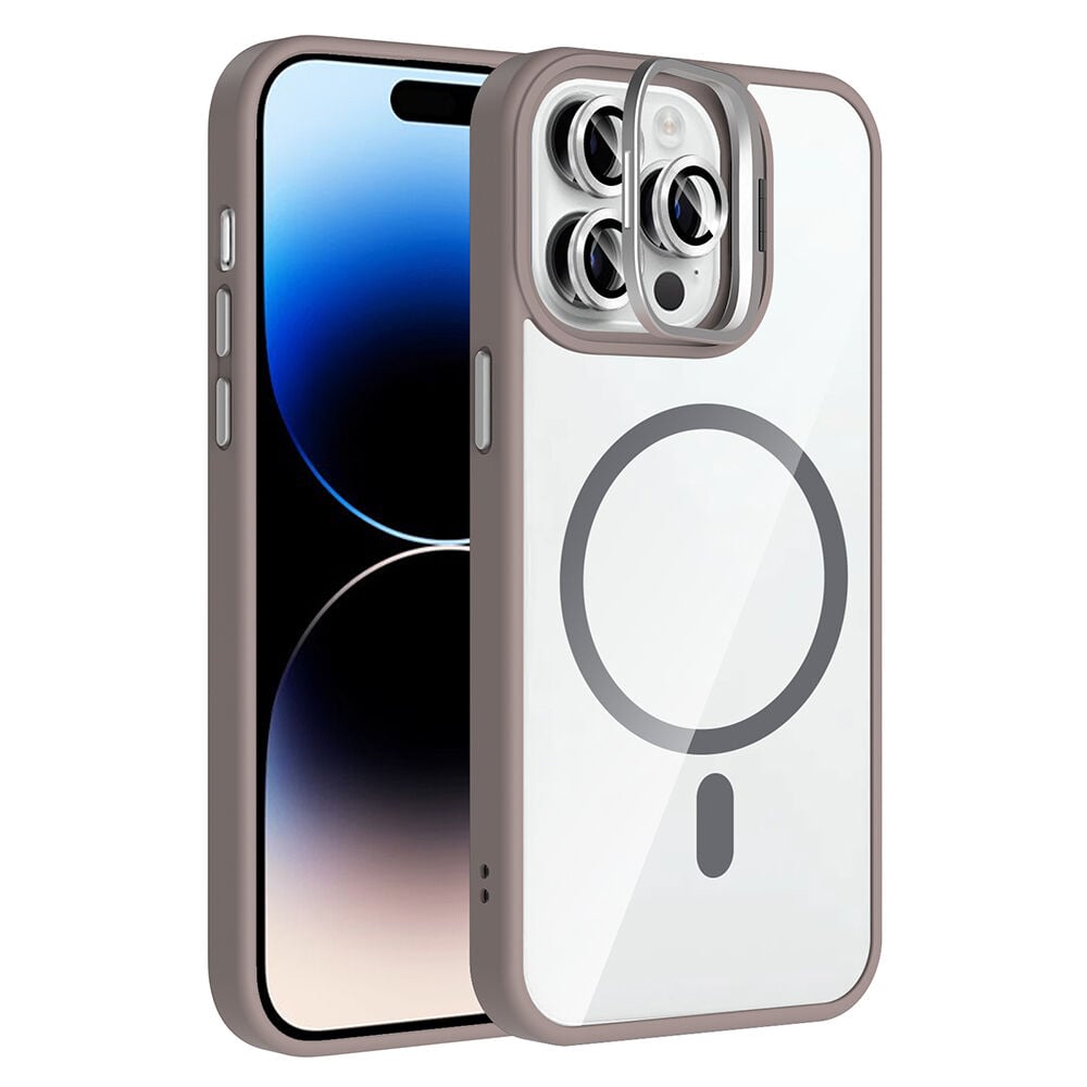 iPhone 14 Pro Max Kılıf Standlı ve Kamera Lens Hediyeli Kablosuz Şarj Özellikli Etro Kapak Gri