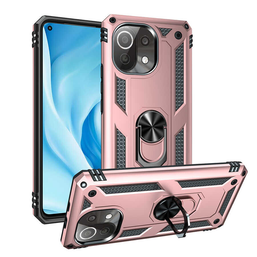 Xiaomi Mi 11 Lite Kılıf Vega Tank Sert Yüzüklü Standlı Zırh Koruma Kapak Rose Gold