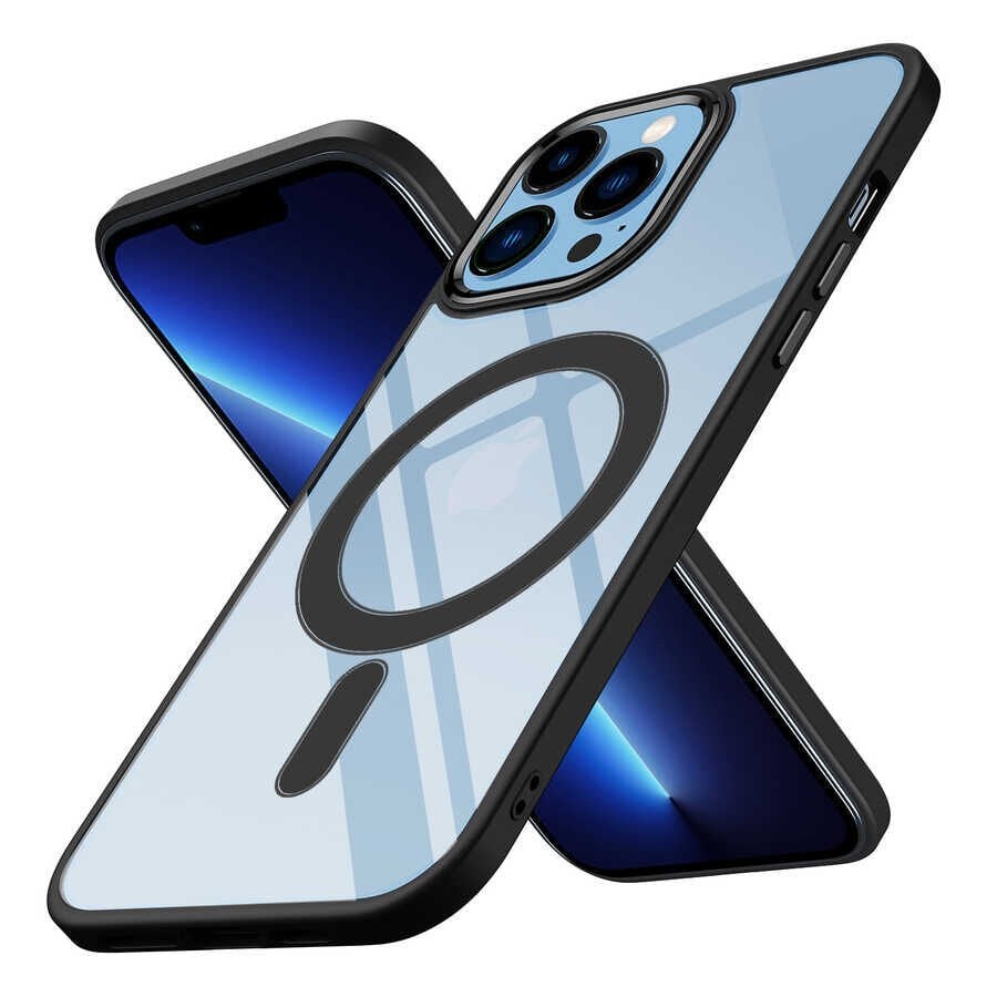 iPhone 13 Pro Max Kılıf Wireless Şarj Özellikli Krom Magsafe Silikon Kapak Siyah