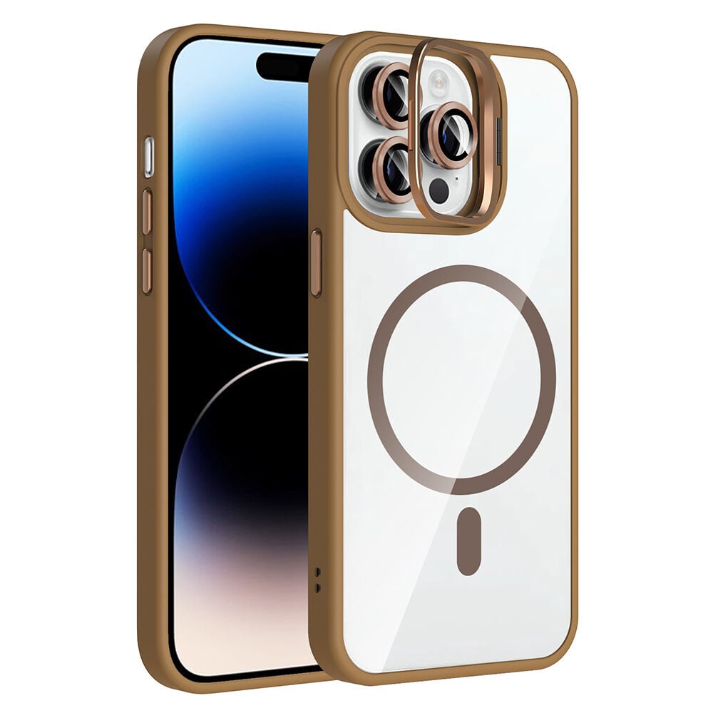 iPhone 14 Pro Max Kılıf Standlı ve Kamera Lens Hediyeli Kablosuz Şarj Özellikli Etro Kapak Desert Titanyum