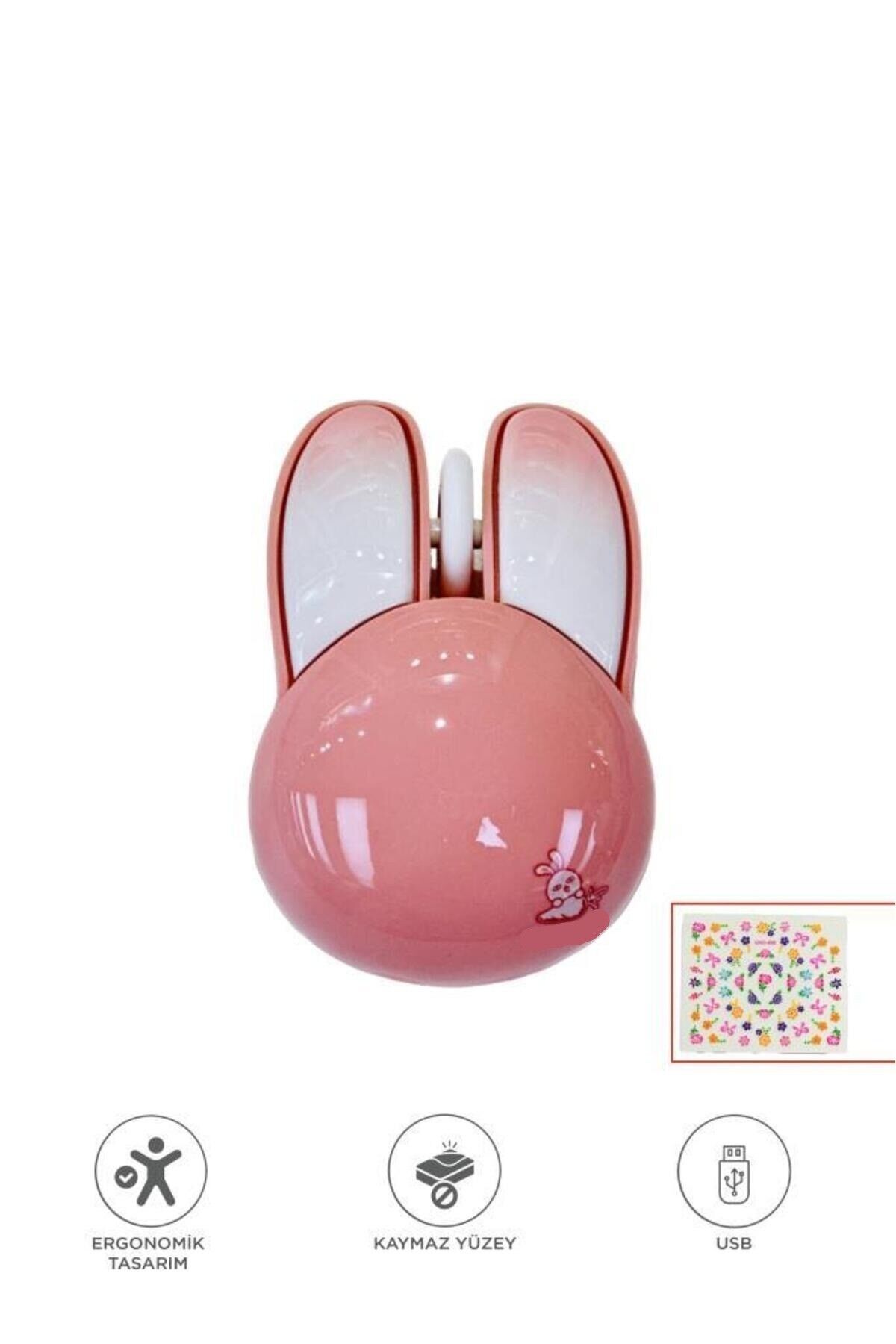 Kablosuz Tavşan Kulaklı Sessiz Mouse 1200 DPI Optik Kablosuz Fare TM-21 Pembe