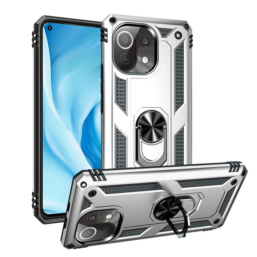 Xiaomi Mi 11 Lite Kılıf Vega Tank Sert Yüzüklü Standlı Zırh Koruma Kapak Gri