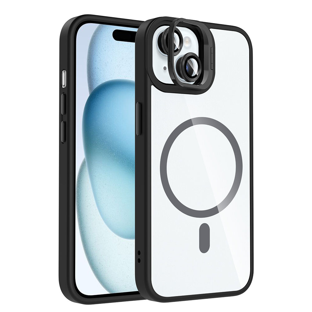 iPhone 15 Kılıf Standlı ve Kamera Lens Hediyeli Kablosuz Şarj Özellikli Etro Kapak Siyah