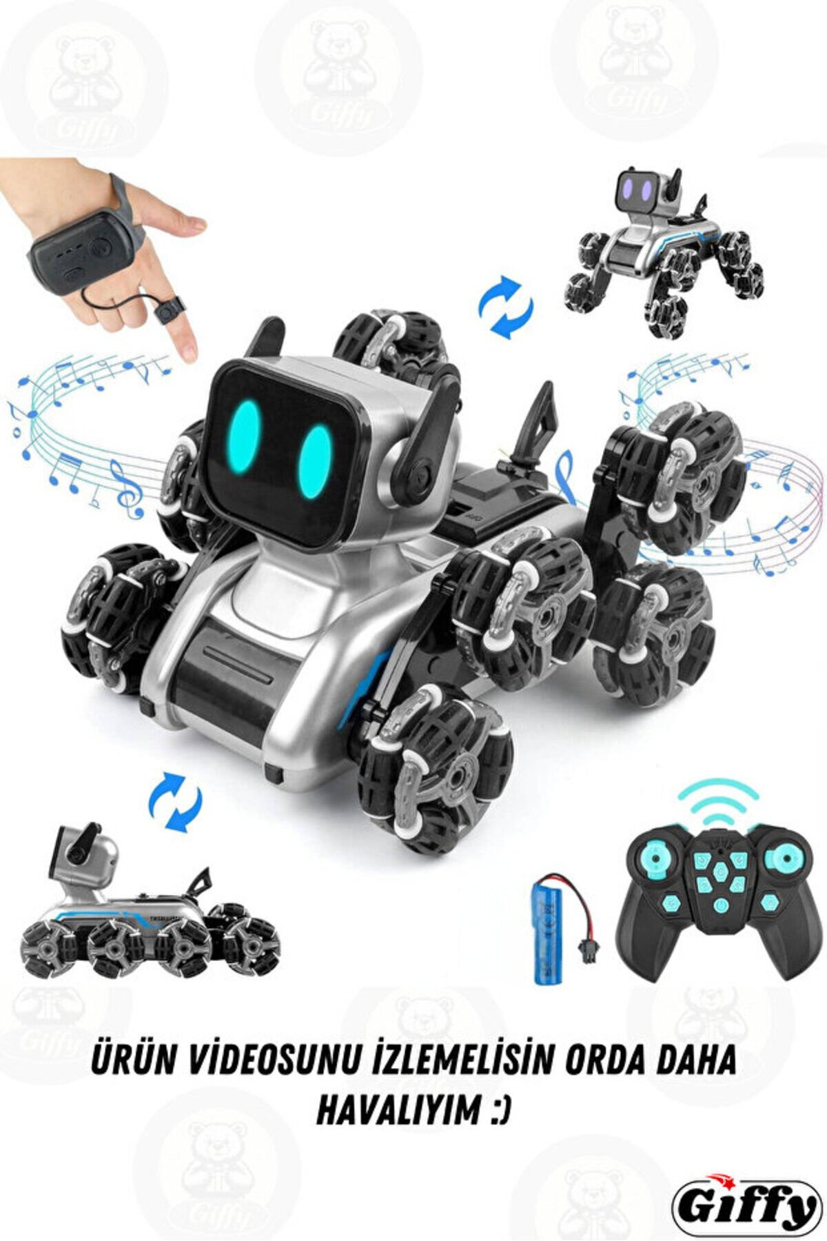 Bilekten Kontrol 8 Teker Buharlı Şarjlı Köpek Robot Araba Müzikli ve Led Işık Kumandalı Robot Köpek