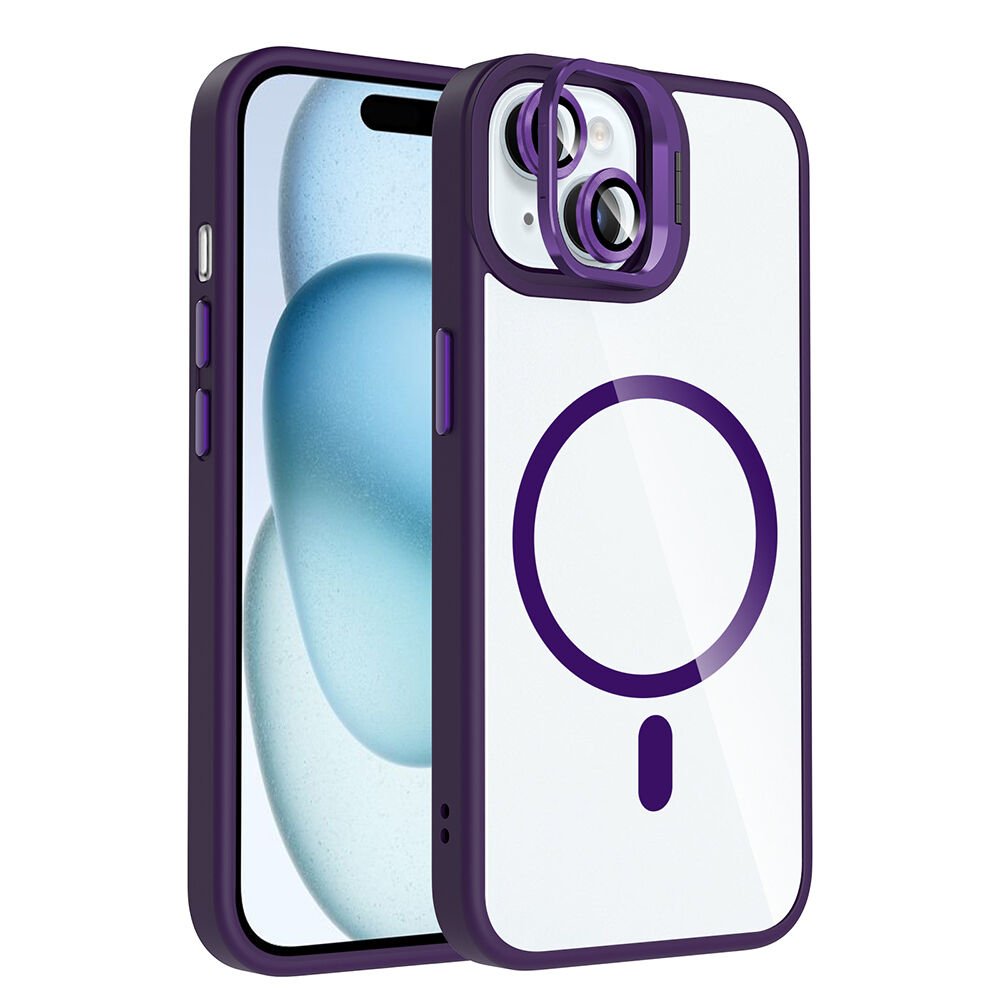 iPhone 15 Kılıf Standlı ve Kamera Lens Hediyeli Kablosuz Şarj Özellikli Etro Kapak Derin Mor