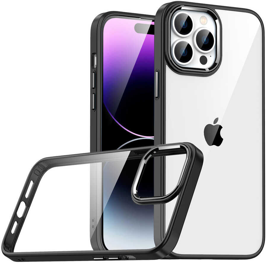 iPhone 14 Pro Kılıf Kamera Çıkıntılı Arkası Şeffaf Köşeleri Parlak Renkli Işlemeli Flora Kapak Siyah