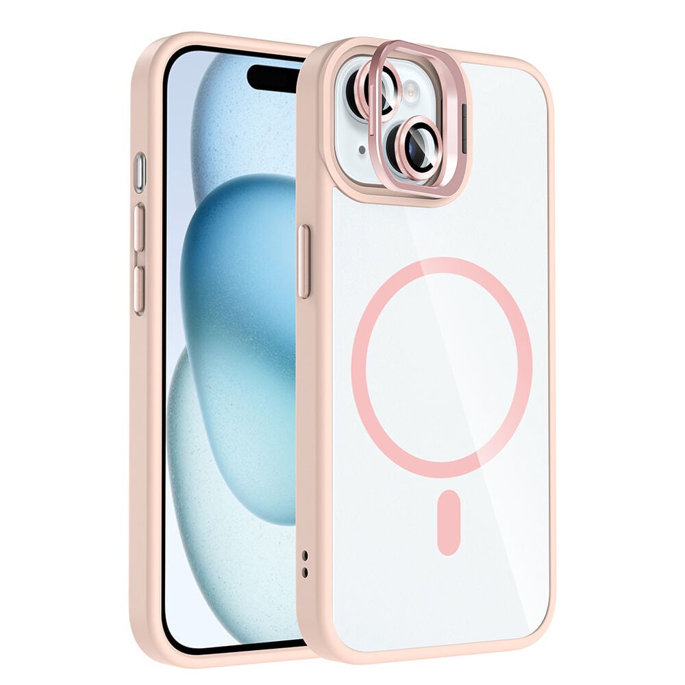 iPhone 15 Kılıf Standlı ve Kamera Lens Hediyeli Kablosuz Şarj Özellikli Etro Kapak Pembe