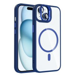 iPhone 15 Kılıf Standlı ve Kamera Lens Hediyeli Kablosuz Şarj Özellikli Etro Kapak Lacivert