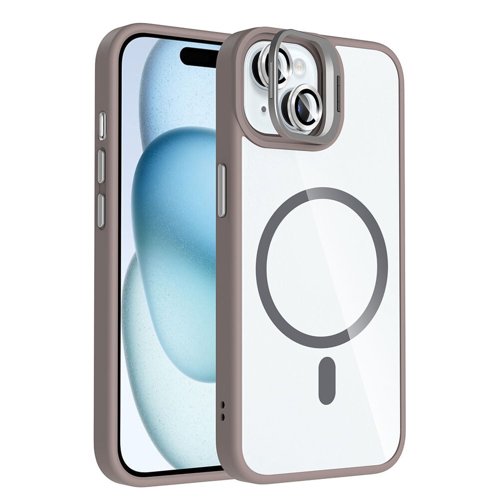 iPhone 15 Kılıf Standlı ve Kamera Lens Hediyeli Kablosuz Şarj Özellikli Etro Kapak Gri