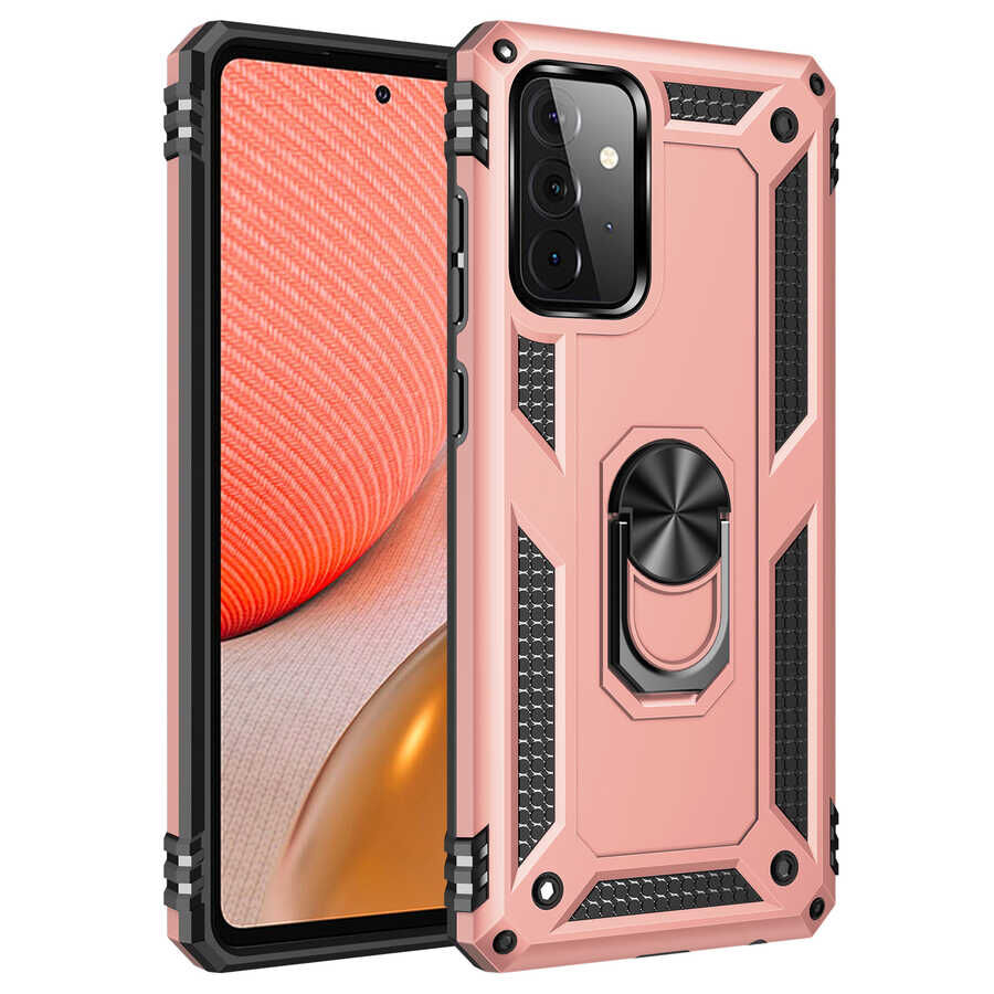 Samsung Galaxy A72 Kılıf Vega Tank Sert Yüzüklü Standlı Zırh Koruma Kapak Rose Gold