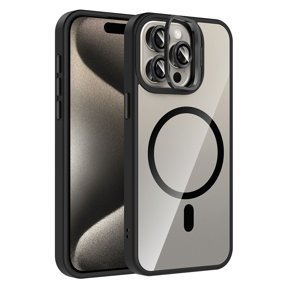 iPhone 15 Pro Kılıf Standlı ve Kamera Lens Hediyeli Kablosuz Şarj Özellikli Etro Kapak Siyah