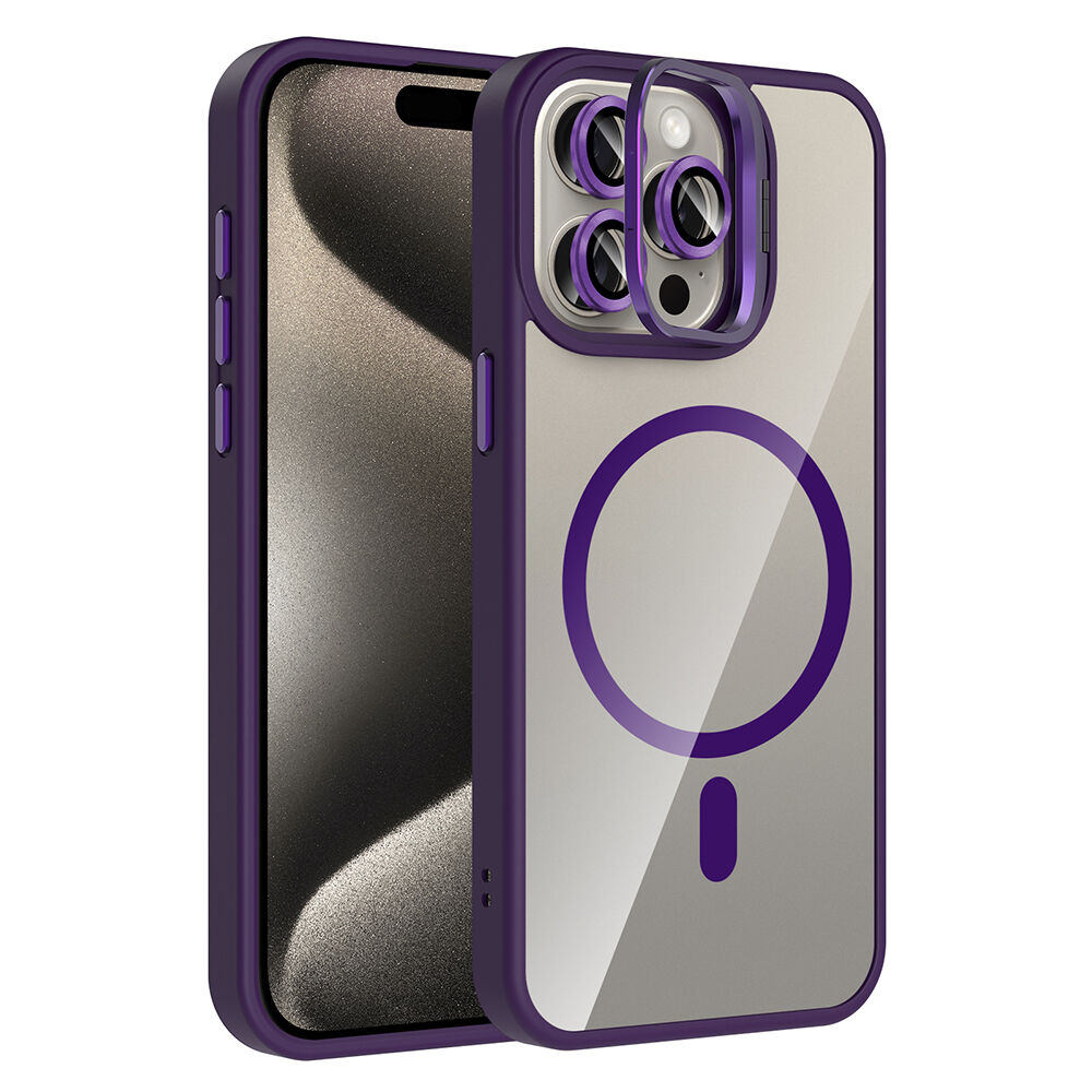 iPhone 15 Pro Kılıf Standlı ve Kamera Lens Hediyeli Kablosuz Şarj Özellikli Etro Kapak Derin Mor