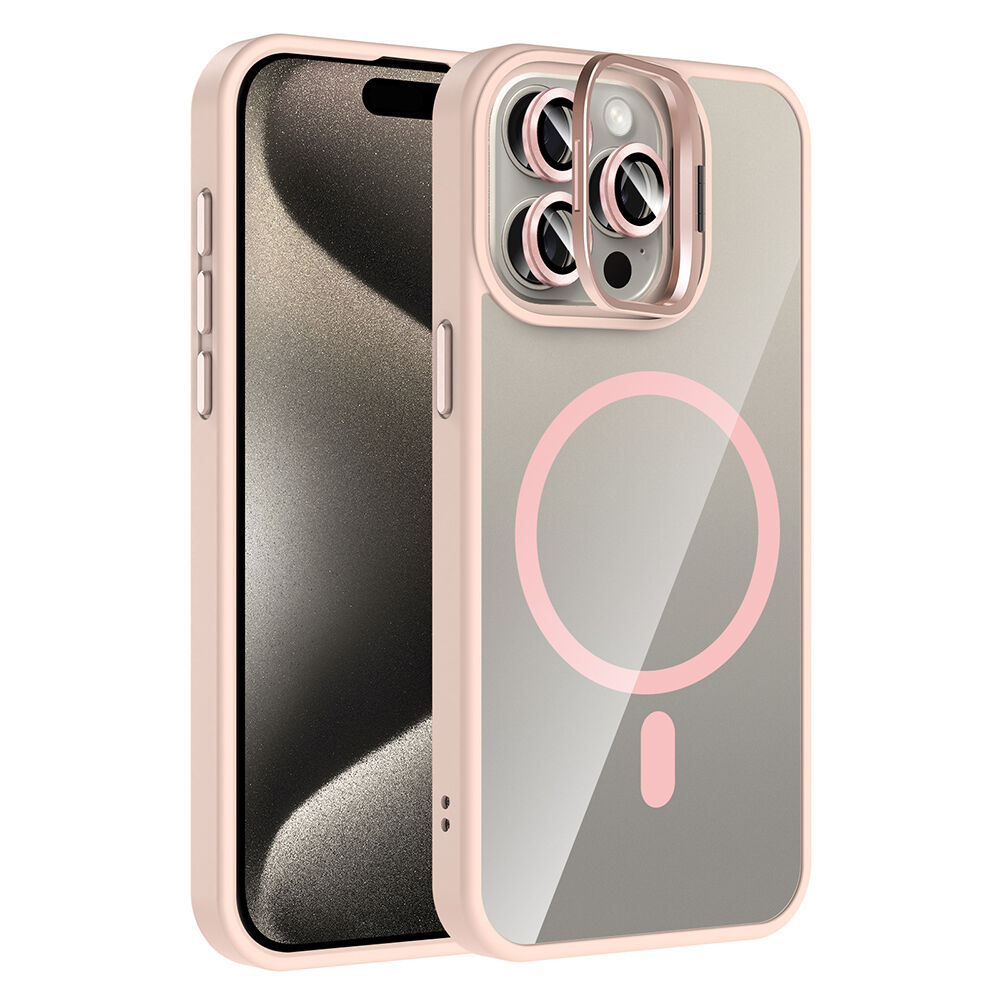 iPhone 15 Pro Kılıf Standlı ve Kamera Lens Hediyeli Kablosuz Şarj Özellikli Etro Kapak Pembe