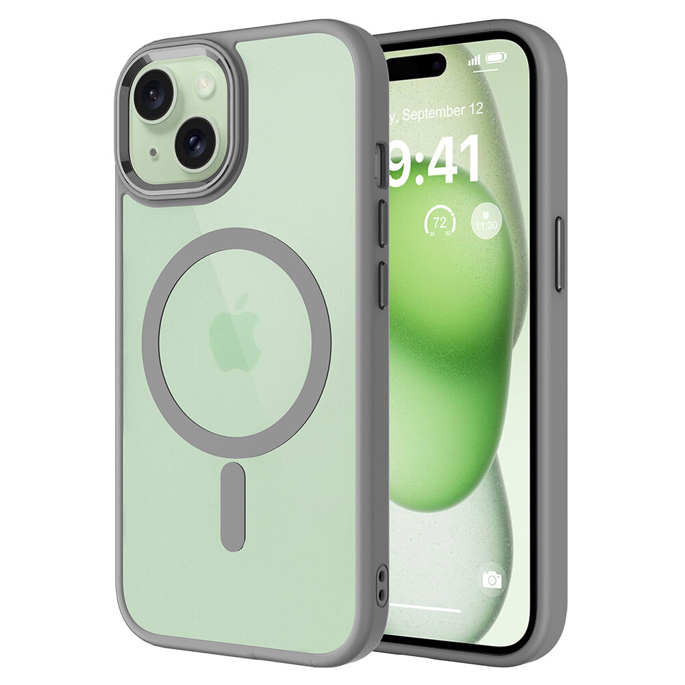 iPhone 15 Kılıf Wireless Şarj Özellikli Krom Magsafe Silikon Kapak Kılıf Gri