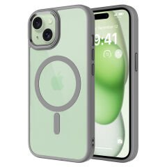 iPhone 15 Kılıf Wireless Şarj Özellikli Krom Magsafe Silikon Kapak Kılıf Gri