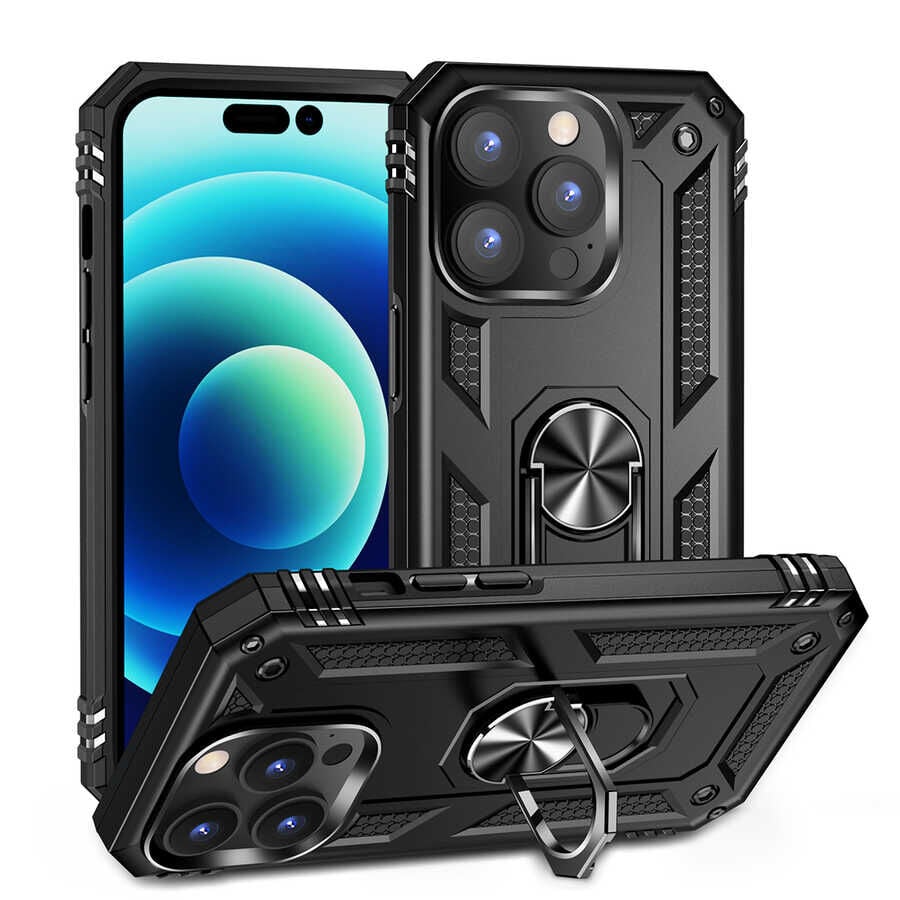 iPhone 14 Pro Kılıf Vega Tank Sert Yüzüklü Standlı Zırh Koruma Kapak Siyah