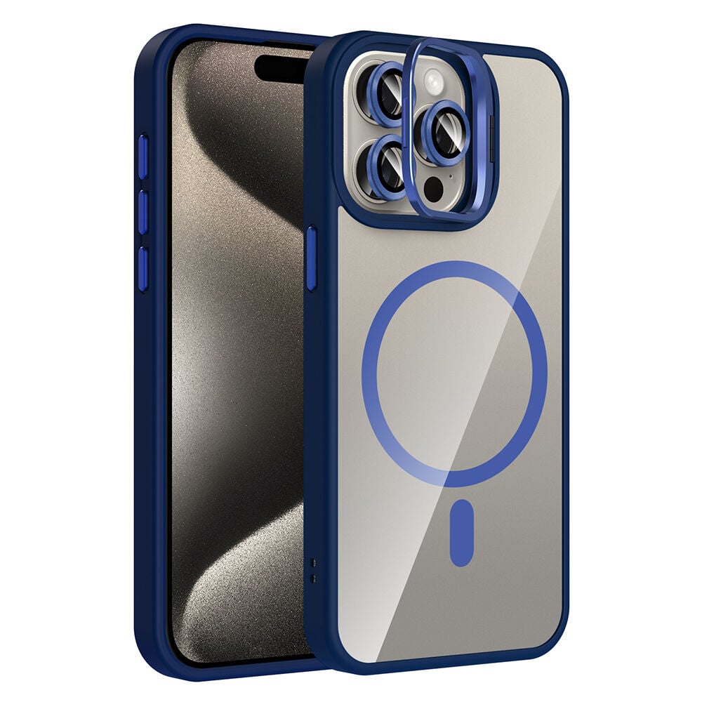 iPhone 15 Pro Kılıf Standlı ve Kamera Lens Hediyeli Kablosuz Şarj Özellikli Etro Kapak Lacivert