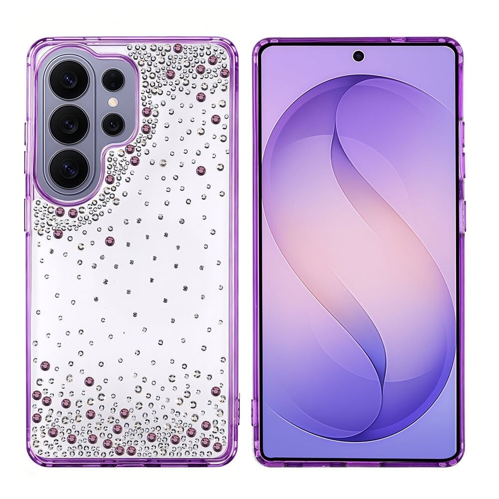 Samsung Galaxy S26 Ultra Kılıf Airbag Tasarımlı Damla Taşlı Şeffaf Pera Silikon Kapak Mor