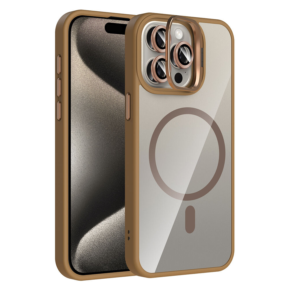 iPhone 15 Pro Kılıf Standlı ve Kamera Lens Hediyeli Kablosuz Şarj Özellikli Etro Kapak Desert Titanyum