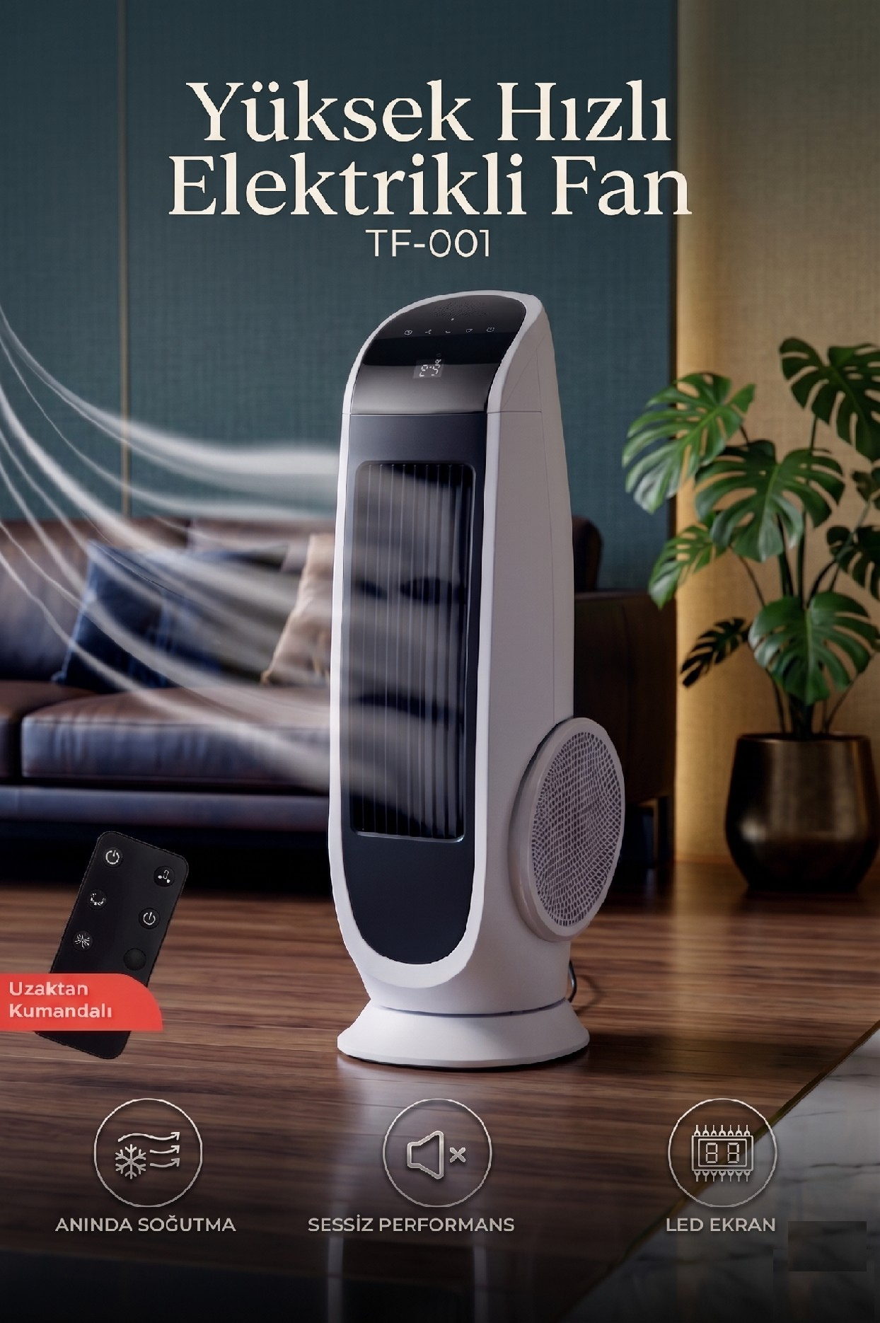 Vantilatör Kule Tipi Uzaktan Kumandalı Dijital Göstergeli Elektrikli Fan TF001