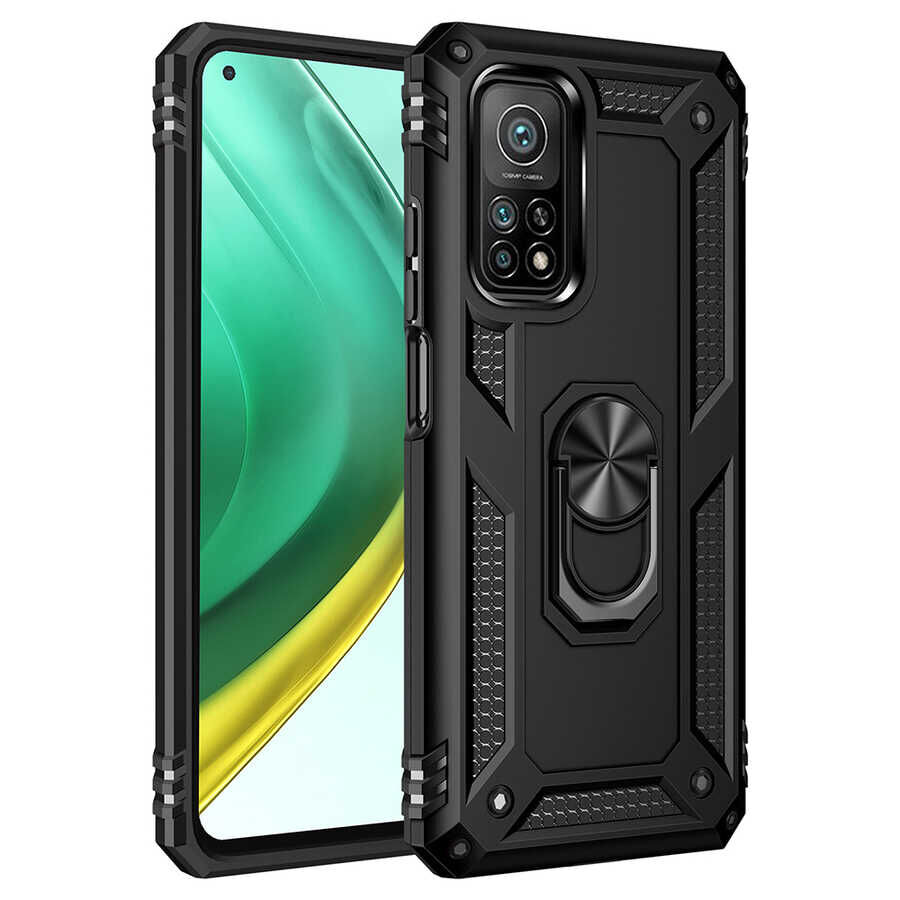 Xiaomi Mi 10T 5G Kılıf Vega Tank Sert Yüzüklü Standlı Zırh Koruma Kapak Siyah