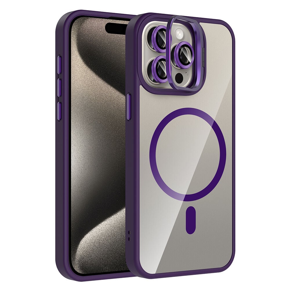 iPhone 15 Pro Max Kılıf Standlı ve Kamera Lens Hediyeli Kablosuz Şarj Özellikli Etro Kapak Derin Mor