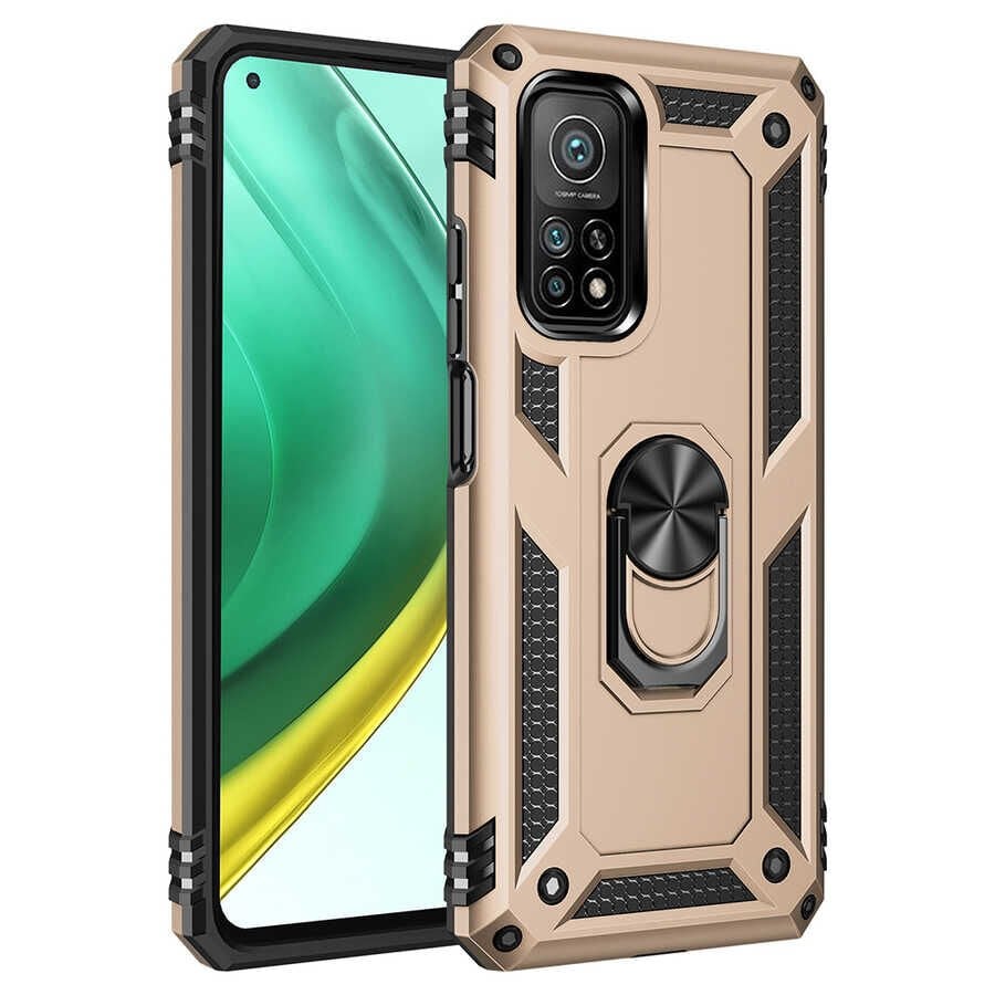Xiaomi Mi 10T 5G Kılıf Vega Tank Sert Yüzüklü Standlı Zırh Koruma Kapak Gold