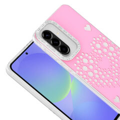 Samsung Galaxy A56 Uyumlu Kalpli Işıltılı Damla Taşlı Şeffaf Kenarlı Rivas Sert PC Koruyucu Telefon Kılıf