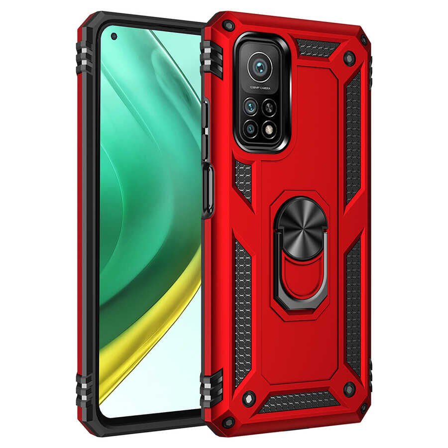 Xiaomi Mi 10T 5G Kılıf Vega Tank Sert Yüzüklü Standlı Zırh Koruma Kapak Kırmızı