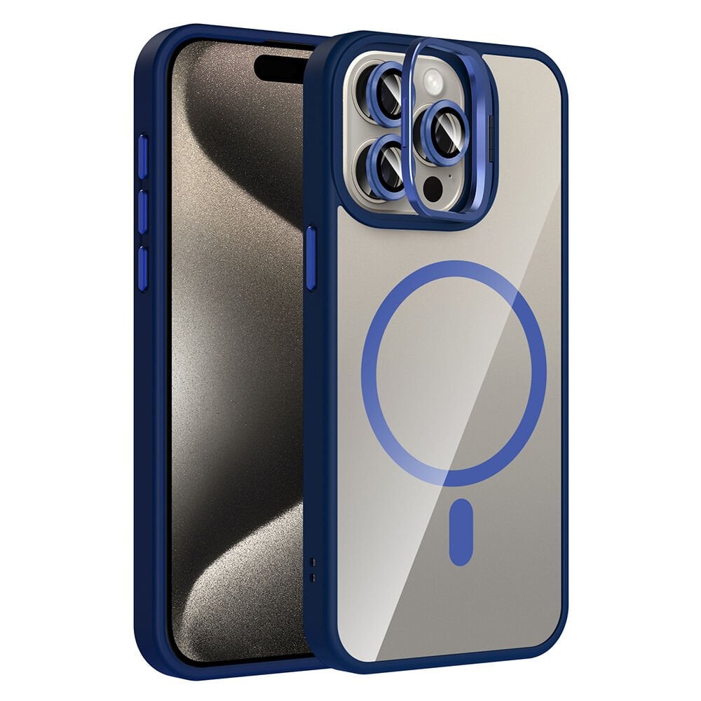 iPhone 15 Pro Max Kılıf Standlı ve Kamera Lens Hediyeli Kablosuz Şarj Özellikli Etro Kapak Lacivert