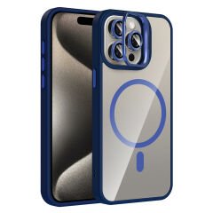 iPhone 15 Pro Max Kılıf Standlı ve Kamera Lens Hediyeli Kablosuz Şarj Özellikli Etro Kapak Lacivert