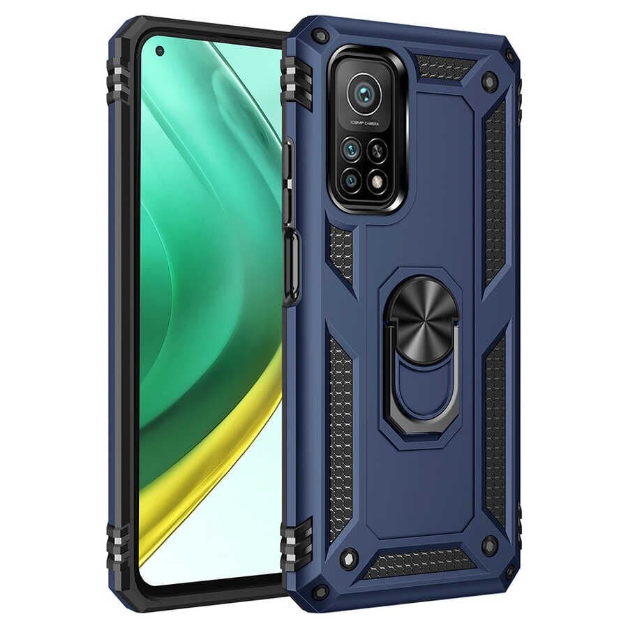 Xiaomi Mi 10T 5G Kılıf Vega Tank Sert Yüzüklü Standlı Zırh Koruma Kapak Mavi