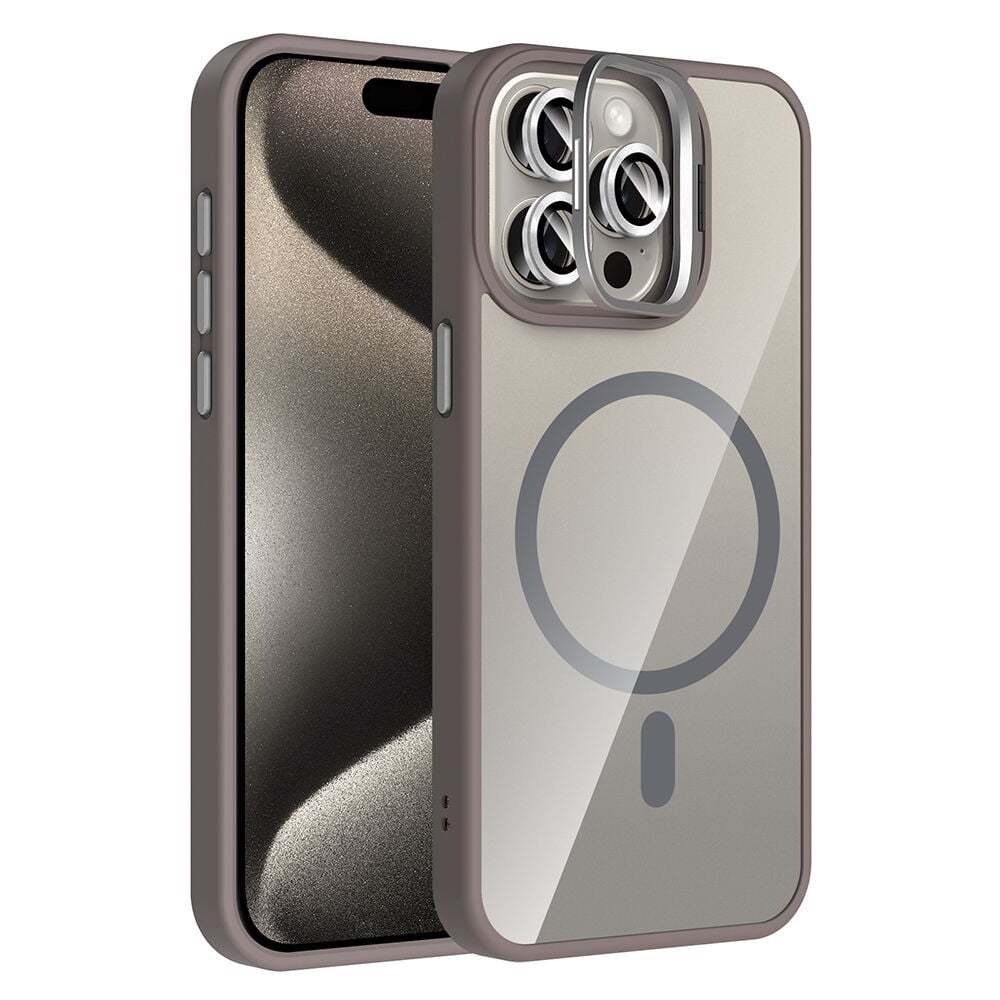 iPhone 15 Pro Max Kılıf Standlı ve Kamera Lens Hediyeli Kablosuz Şarj Özellikli Etro Kapak Gri