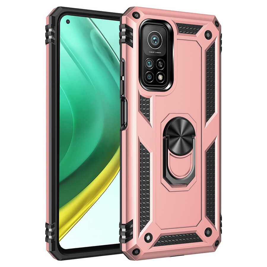 Xiaomi Mi 10T 5G Kılıf Vega Tank Sert Yüzüklü Standlı Zırh Koruma Kapak Rose Gold